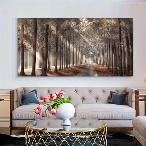 Peinture sur toile moderne avec soleil pour salon : cadre de paysage de forêt scandinave 40x80cm