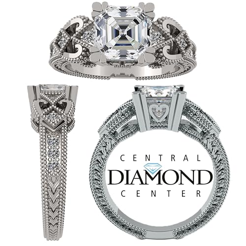 Asscher Cut Engagement Ring Pure Brilliance Zirconia, Vintage & Antique Look, Sterling Silver, 10K or 14K Gold2