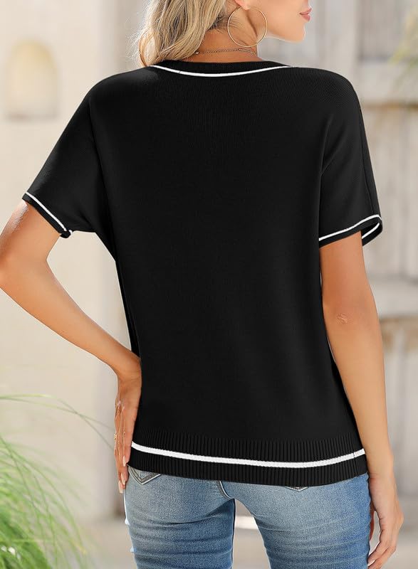 Image of SHEWIN Womens Tops Trendy Short Sleeve Shirts Crewneck Lightweight Knit Sweater Top Business Casual Outfits