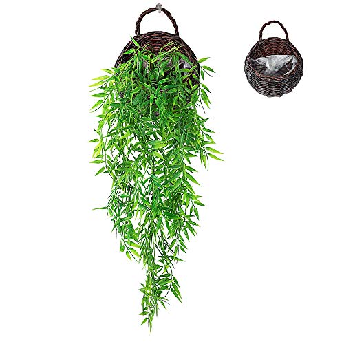 ANZOME - Cesta de vid artificial para colgar plantas falsas para colgar en el hogar, pared interior, exterior, boda, fiesta, jardín, cesta colgante, Hojas de bambú, marrón oscuro, Bamboo Leaves