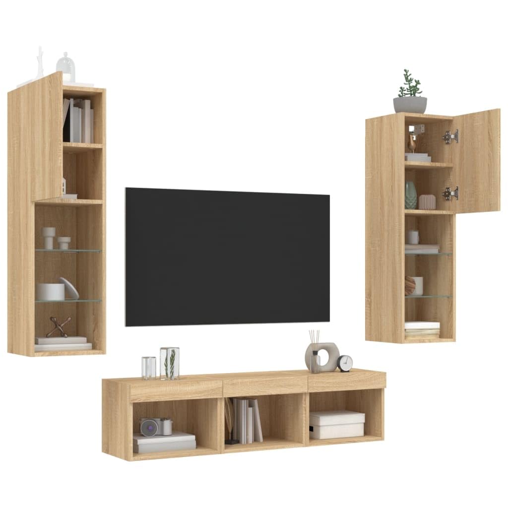 5 piezas de pared con LED RGB Sonoma roble madera de roble cristal colgante TV aparador salón Sonoma 30 x 30 x 120 cm y 40 x 30 x 30 cm diseño moderno para salón, dormitorio, oficina