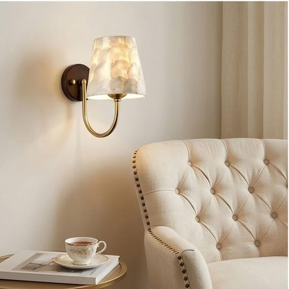 Aplique de Pared para Interiores, Dormitorio, Pasillo, Pantalla Moderna en Forma de Concha, con Brazo metálico Curvado y Placa Trasera Redonda, lámpara de Techo para Sala de Estar,
