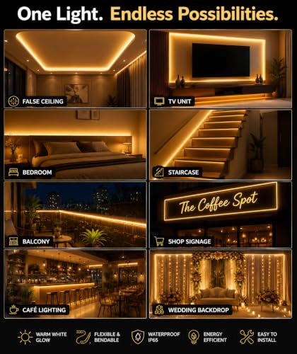 Image of Quace 5M Neon LED Strip Light Warm White, Flexible Silicone Rope Light, IP65 Waterproof, Cuttable LED Strip for False Ceiling, Bedroom, Home Decor, Shop Signage, Party & Diwali Decoration