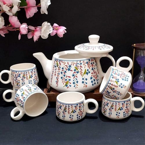 Image of DMRD MART-Handcrafted Ceramic Stag 7PC Tea Cup Set with Kettle Safe 6 Cups 1 Kettle | Tea Pot Set 1000ml Ceramic Porcelain Cup Set of 6 Perfect for Serving Coffee Green. (Leaf 7pc)