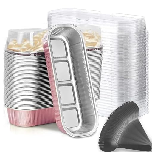 Findful Mini formas de assar para pão com tampas e colheres (pacote com 50, 200 ml) recipientes retangulares de alumínio para assar – recipientes para cupcake, creme, brulee, ramekins