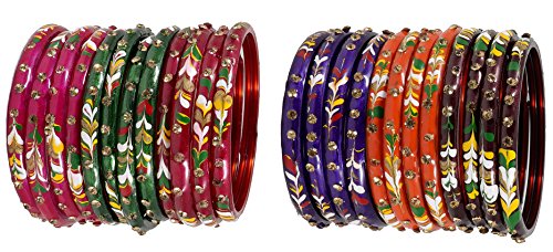 NMII Glass with Zircon Gemstone Studded worked and Flower Pattern Glossy Finished Kada Set For Women and Girls