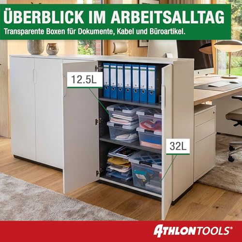 ATHLON TOOLS 4x 12.5 L Aufbewahrungsboxen mit Deckel, lebensmittelecht - Verschlussclips - 100% Neumaterial Plastik-Box transparent - Kleiderboxen stapelbar…