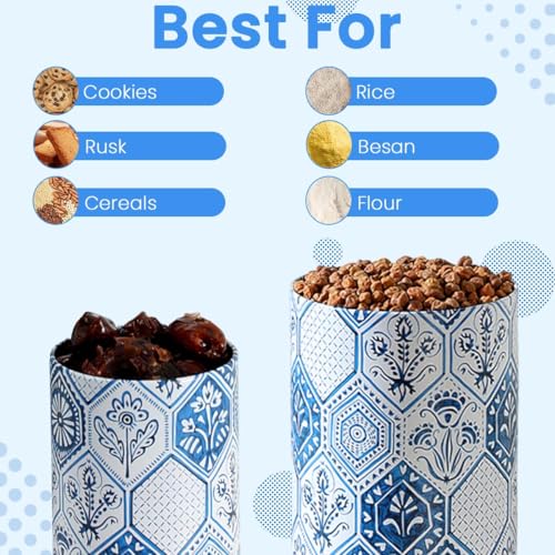 Image of Maroc Collection Airtight Kitchen Container Set| 850ML+1400ML- Set of 4| Food Grade Metal Jars for Spices, Snacks & Dry Food Storage| Vacuum Lid, Rust Resistant, Moroccan Blue Canisters
