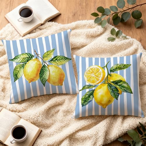 Image of Blue and Yellow Lemon Pillow Cover Summer Italian Mediterranean Amalfi Coast Decor 18x18,Italian Striped Decorative Throw Pillow Cover Decor for Couch Double-Sided Set of 2