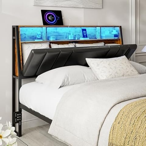 IKIFLY Hidden Storage Headboard Queen Size with Charging Station, Ergonomic Upholstered Queen Headboard Only with LED Lights, 2 Outlets & 2 USB Ports, Attach Frame, Easy Assembly, Black Cover