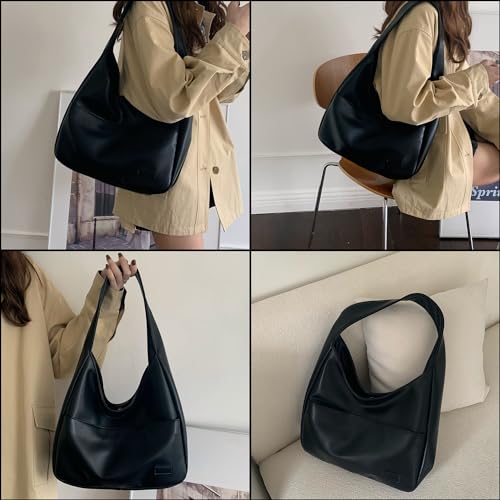 CUNGGI Tragetaschen für Damen große Umhängetasche Hobo Tote Bag aus veganem Kunstleder lässige Retro Schulterhandtasche für den täglichen Gebrauch (Schwarz)
