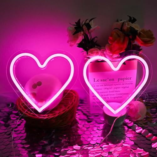 Image of SYLHOME 2 Pack Heart Led Neon Light Sign Battery /USB Powered Wall Decor | Pink & Pink Bedroom Wedding Anniversary Backdrop Wall Neon Light Sign Decor Valentines Day Birthday Sign Gift, 7.87 inchX7.28 inch