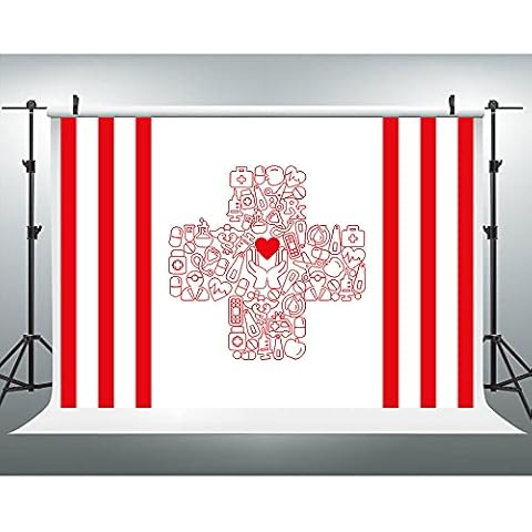 LUCKBTY Red and White Striped Backdrop 9x6ft Medical Treatment Care Cross Photography Background for Themed Party Wall Paper Prop BJYYLU348 Cover
