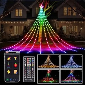 16.4 FT Christmas Decorations Outdoor Star String Lights,Smart APP Remote Control RGB Color Changing DIY 317 LED Waterfall Lights for Garden Yard Outdoor Xmas Decorations