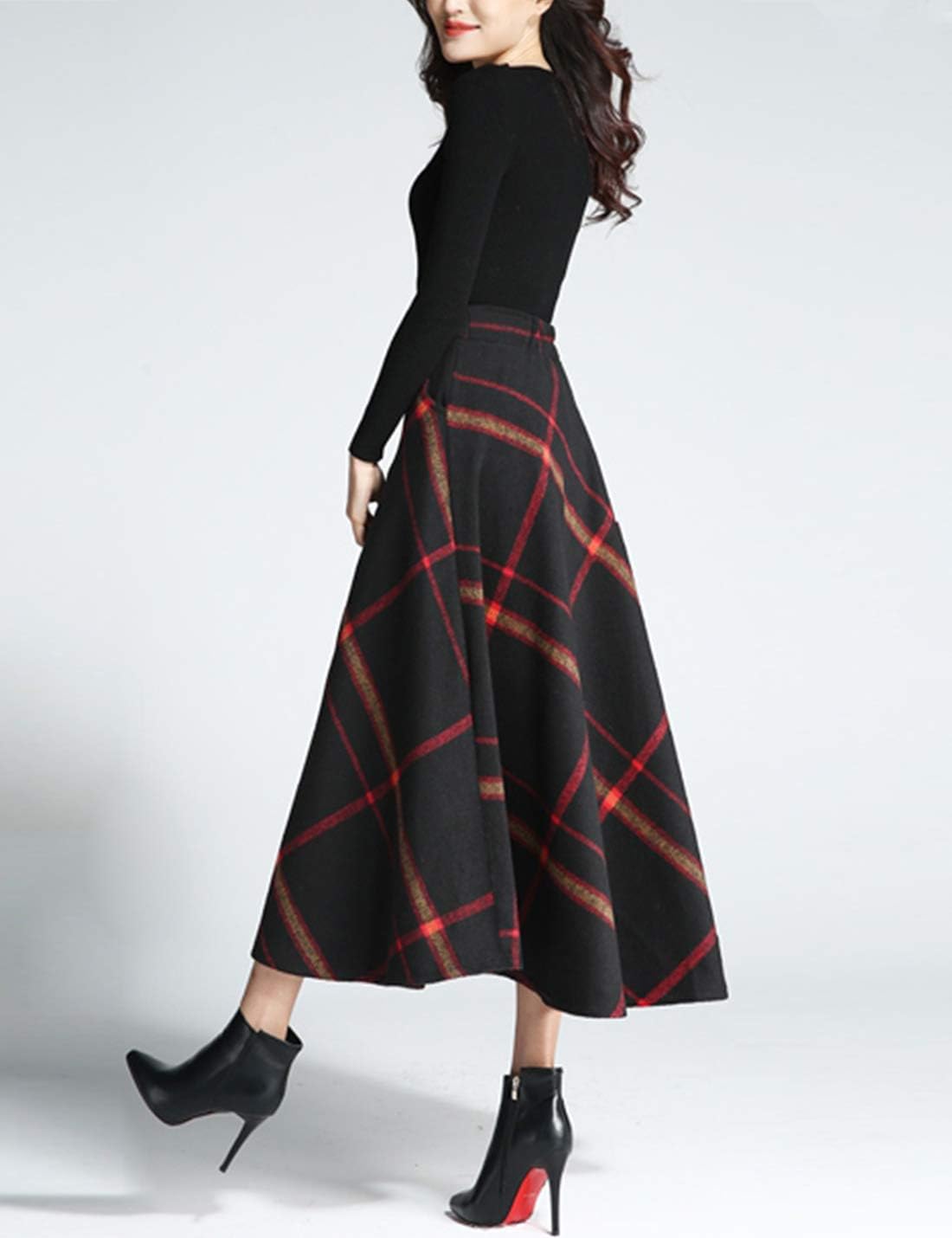 Tanming Women's Winter Warm Elastic Waist Wool Plaid A-Line Pleated Long Skirt - Image 4