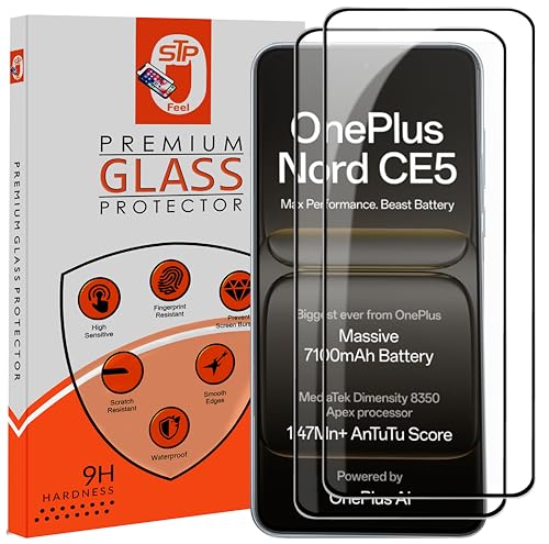 Image of STP FEEL Premium HD+ Tempered Glass Screen Protector Guard Compatible For Oneplus Nord CE5 5G (6.77 Inch, Pack of 2) | Edge to Edge Coverage With Easy to installation kit for Smartphone
