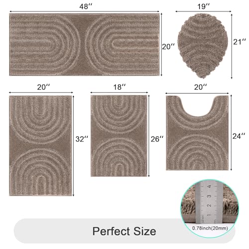 HEBE Bathroom Rugs Set 5 Piece, Plush Absorbent Bath Mats for Bathroom, Non Slip Machine Washable Bath Mat Set with Toilet Cover, Bath Runner and U-Shaped Contour Toilet Rug, Coffee by HEBE RUGS - Image 2