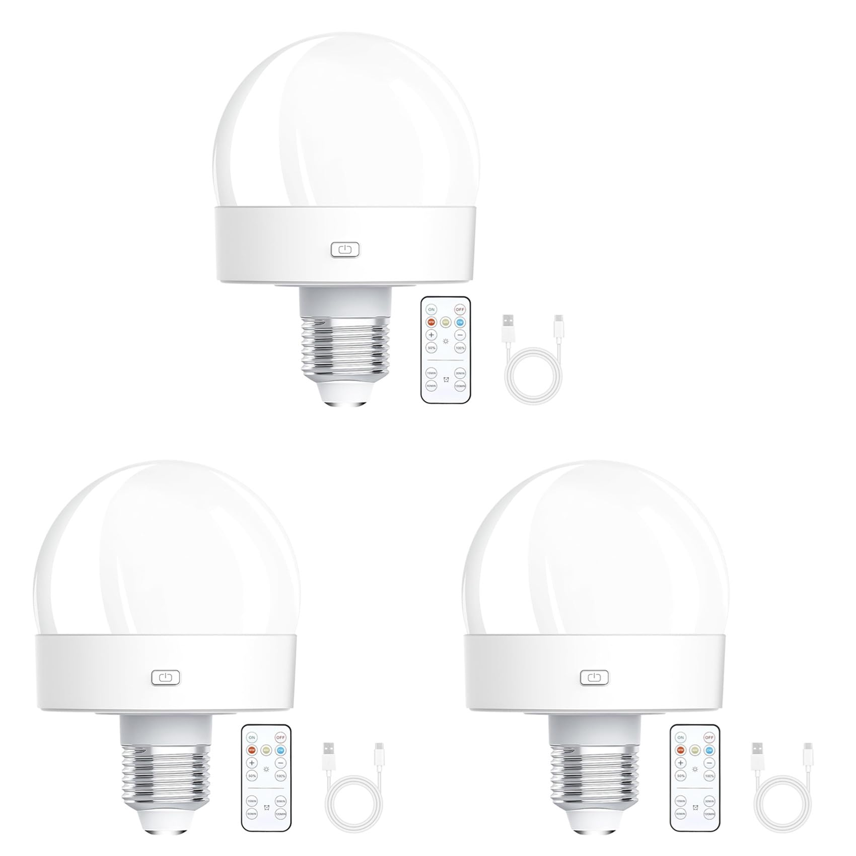 Vjsujehgy 3X Rechargeable Battery Operated Light Bulbs, 300LM E26 in Light Bulb for Lamps with Remote Control Dimmable&Timer