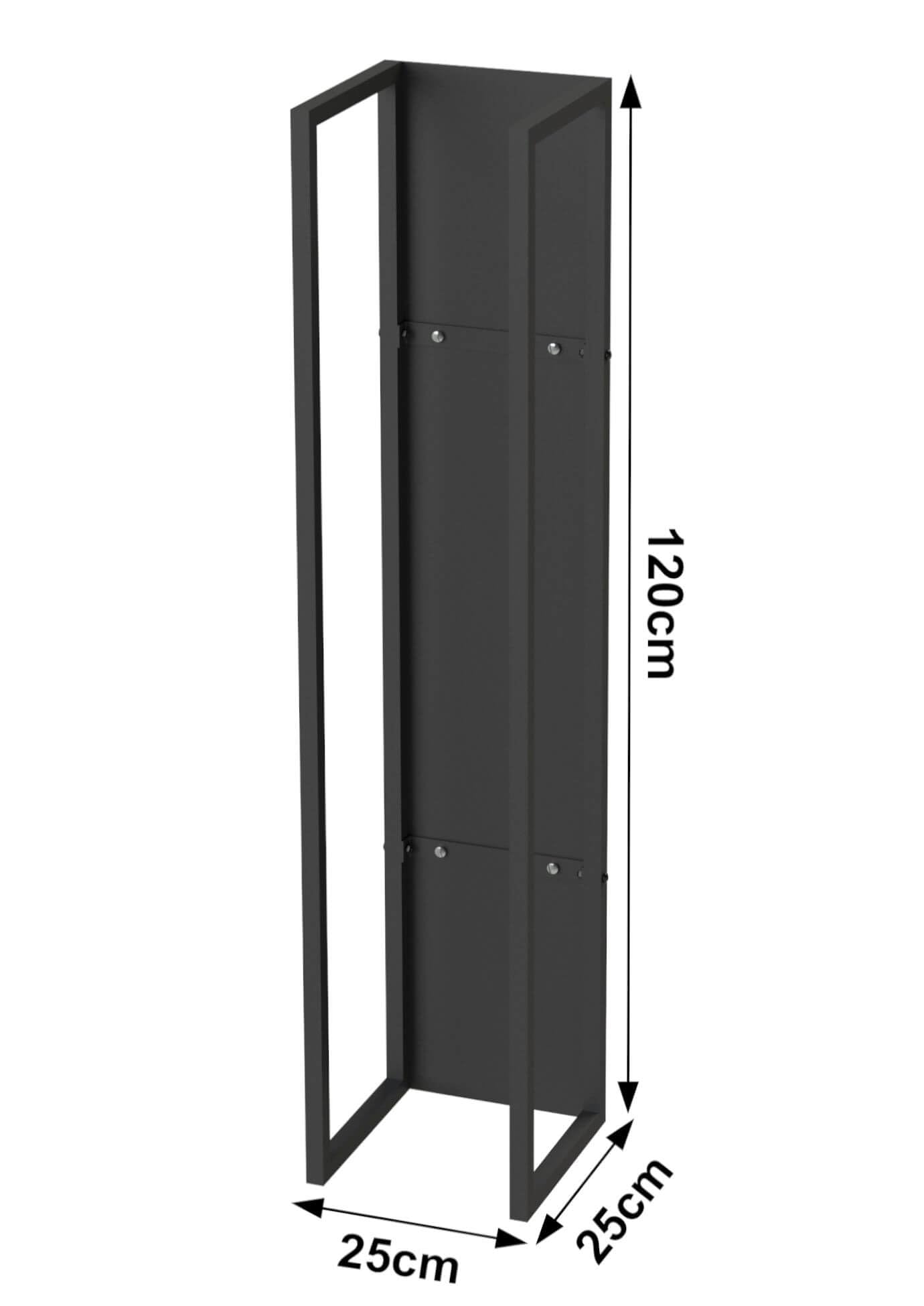 DanDiBo Regał na drewno kominkowe, do wnętrz, metalowy, czarny, stojak na drewno kominkowe, 120 cm, z tylną ścianą, wiszący kosz na drewno, stojak na drewno kominkowe (wysokość 120 cm)