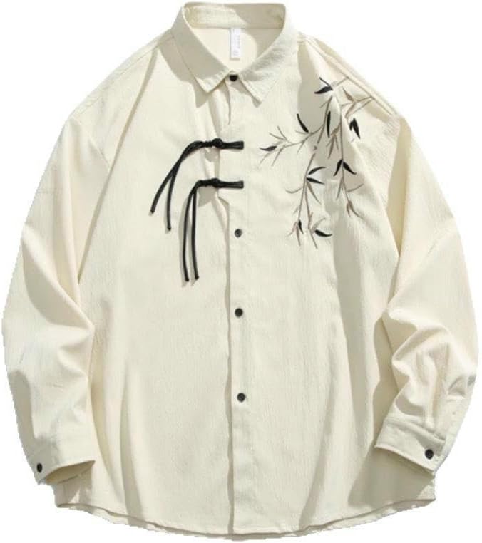 SOFTPEAK Men's Spring Autumn Chinese Style Embroidered Long Sleeve Shirt Ancient Style