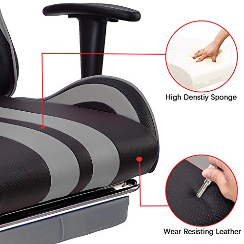 Massage Racing Chair for Gaming,PC Gaming Chair,Video Game Chair,Computer Chair, E-Sports Chair,Ergonomic Office Chair with Retractable Footrest and Adjustable Headrest and Lumbar Support(Cool Grey)
