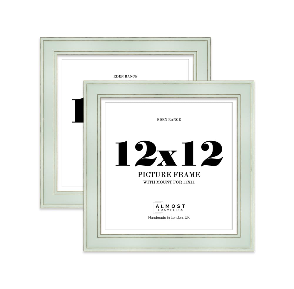 12x12" Sage Green Square Picture Frame with 11x11" Mount - Shabby Chic Photo Frame with Distressed Finish, Gold Trim, Wall Hooks and Kickstand, 37mm Edge - 2 Pack