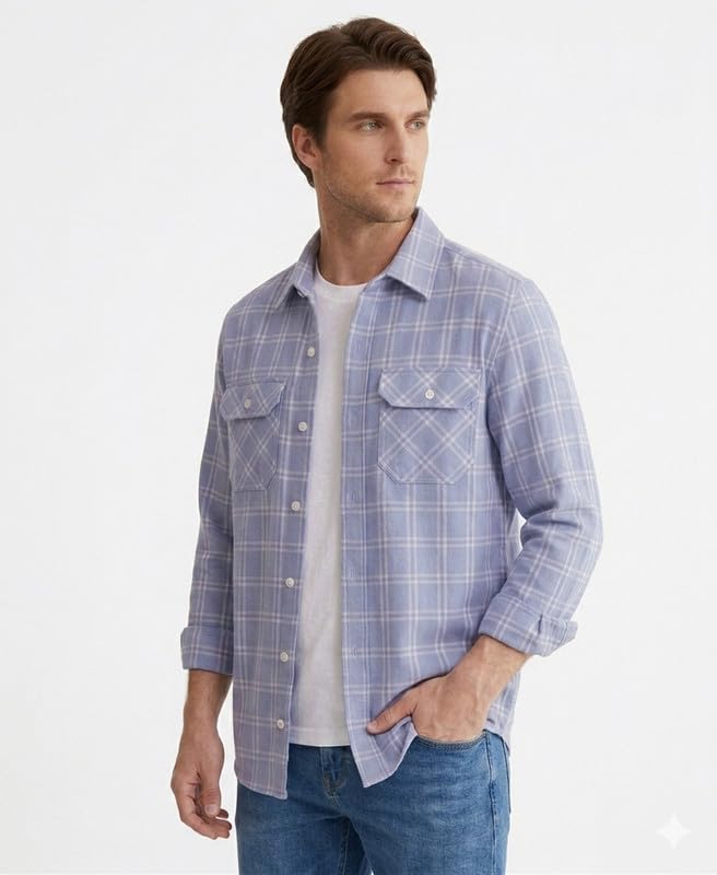Image of DEELMO Men's Stylish Cotton Blend Casual Chakes Shirt || Full Sleeve Shirt with Dual Flap Pockets Fabric || Perfect for Casual and Classic Fit & Style || Stylish Everyday Wear