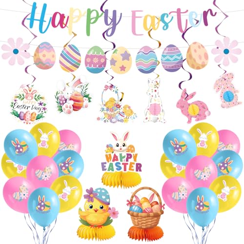 Ensemble de Décoration Happy Easter, Pâques avec Bannière Guirlande d'Œufs de Pâques Suspendues Lapins & Poussins Ballons Centres de Table Idéal Fête de Pâques...