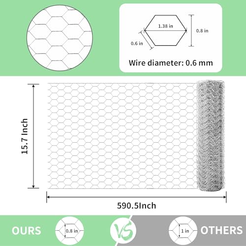 Image of Chicken Wire 15.7 in x 590.5 in Poultry Wire Netting Hexagonal Galvanized Mesh Garden Fence Barrier for Pet Rabbit Chicken Fencing with 100 Pcs Cable Zip Ties