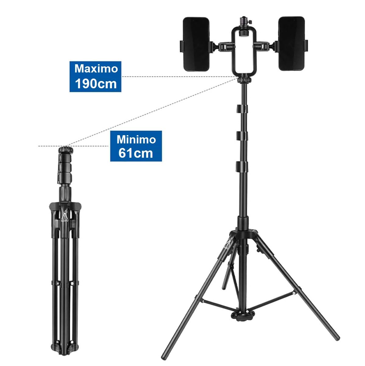 Tripode para Aro de Luz, Camara con 2 Soportes giratorios 360º para moviles, Altura Ajustable. para Panel de Iluminacion Fotografica.