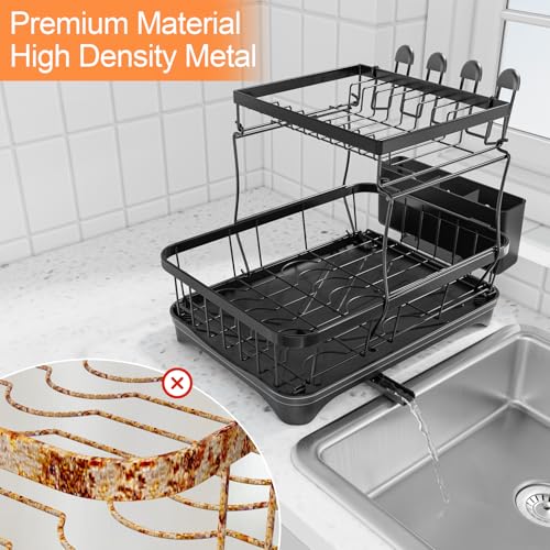 HOMEBOSILY Dish Drying Rack Two-Tier Drying Rack with Utensil Holder, Auto-Draining Dish Rack for Kitchen Counter, Large Capacity for Plates, Bowls, Cups, Dish Drainer with Drainboard, Black by HOMEBOSILY - Image 5
