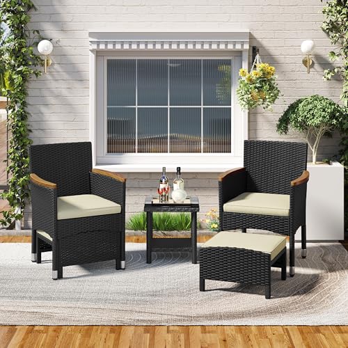 Yaheetech 5er Set Rattan Gartenmöbel Balkonmöbel Terassenmöbel Außen Kleiner Balkon mit 2 Einzelsofas & 2 Fußhocker & 1 Kaffeetisch, Schwarz & Beige