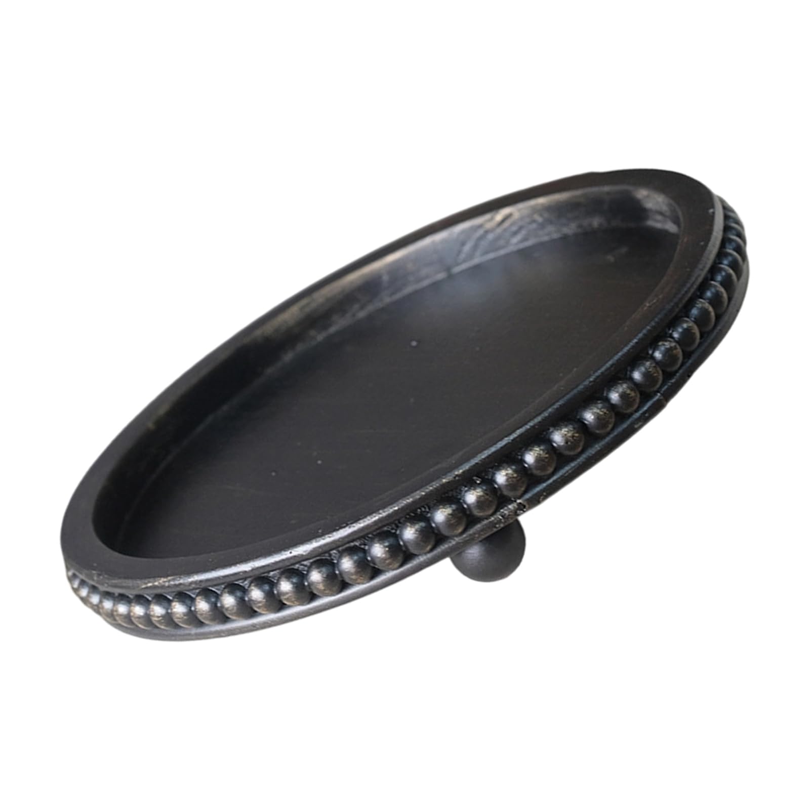 Wood Decorative Tray Round with Beaded Detail, Dresser Entryway Organizer for Small Item Storage and Display Accent Wooden Vanity Tray Round Catchall Organizer Beaded Border Decor Tabletop Display