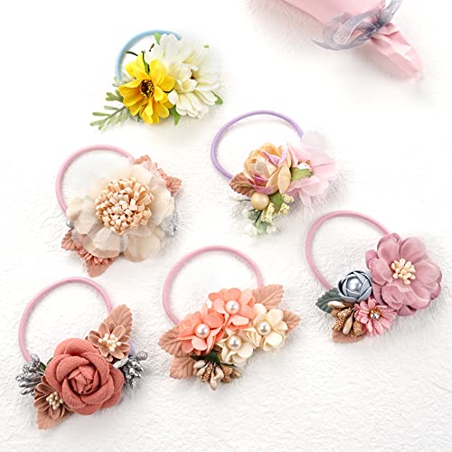 6 Pack Floral Hair Bows Ties Elastic Hair Bands Ponytail Holders, Faux Pearls Floral Hair Ties Hair Accessories For Women Girls Toddlers Kids Children #TOP3