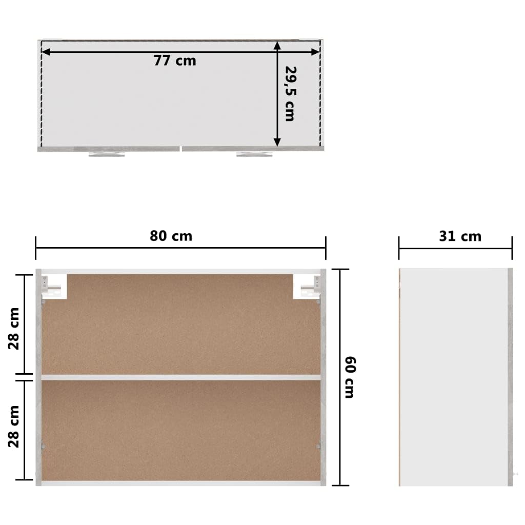 vidaXL Hängeschrank 2 Regalböden Küche Schrank Einbauküche Küchenzeile Küchenmöbel Oberschrank Küchenschrank Betongrau 80x31x60cm Holzwerkstoff