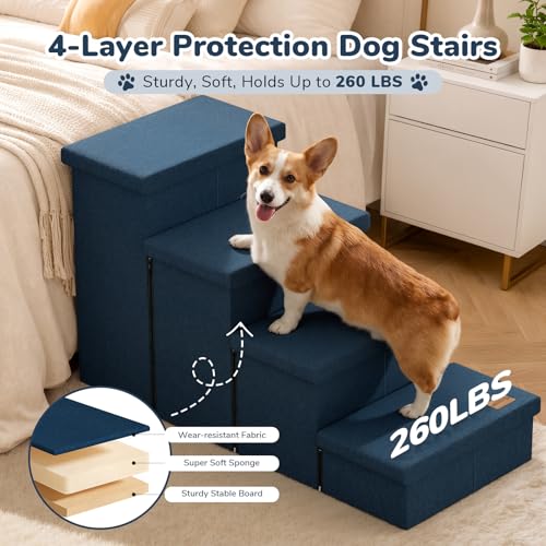 Fecuria 4-Step Wide Dog Stairs with Storage 23" H, Non-Slip Sturdy Pet Steps for High Bed Couch Window, Pet Stairs for Small/Medium/Large Old Dogs Cats Up to 220lbs, Cat Dog Steps for Car/SUV, Navy by Fecuria - Used condition - Image 5