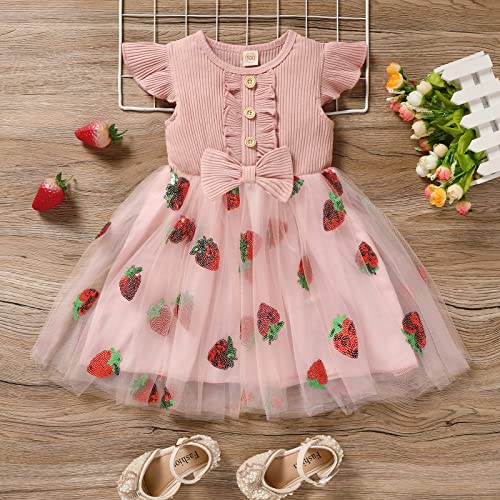 Grnshts Toddler Baby Girl Dress Ruffle Sleeve Knit Dress Tutu Dresses Princess Sundress (Pink Strawberry 2, 12-18 Months) #TOP2