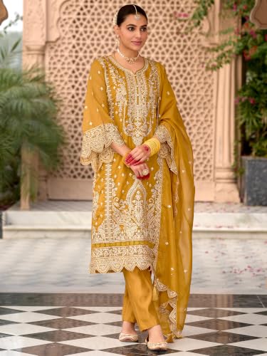 Image of INDO ERA Women's Straight Organza Ethnic Motifs Embroidered Kurta & Pant With Dupatta Set (KH9YL10613)