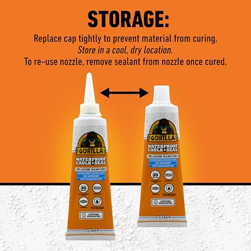 Gorilla 100% Silicone Caulk, Waterproof Sealant, 2.8oz Squeeze Tube (Pack of 2) – White -10 Year Mold Resistant Kitchen, Window, Bath, Marine, Door and More
