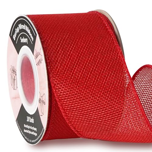 Burlap Wired Ribbon 2-1/2 Inch x 10 Yards Solid Wired Edge Ribbon for Big Bows, Wreaths, Outdoor Decoration, Gift Wrapping, Fall Crafts, Flower Bouquets, Garland (Red)