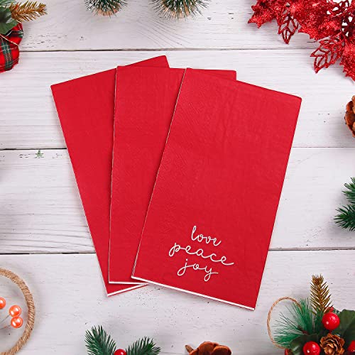 Quera 100 Pack Christmas Paper Napkins 4.38'' X 7.88'' Joy Peace Love Disposable White Decorative Table Napkin for New Year Winter Dinner Merry Christmas Holiday Xmas Decor Party Supplies red white – Image 4
