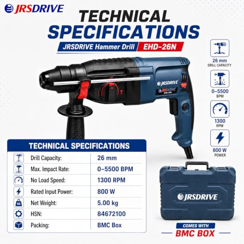 Image of EASTMAN EHD-26N Corded Electric Rotary Hammer Drill with SDS Plus, 800 W, 26 mm Drilling Capacity, 0-5500 BPM, 1300 RPM, Reversible Switch, BMC Box, Free Carbon Set & Drill Bits 6 /8 /10 mm, Blue