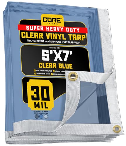 Core Tarps 30 Mil Extreme Heavy Duty Clear Tarp with Grommets - 5x7ft Super Clear Tarps Heavy Duty Waterproof Vinyl Tarpaulin, Transparent Tarp for Outdoor, Camping & Construction, Blue