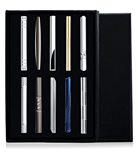 FIBO STEEL 10 Pcs Tie Clips for Men Black Blue Silver-Tone Gold-Tone Tie Clip Set with Gifts Case