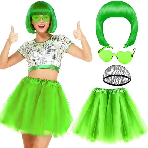 PLULON Grass Green Bob Wig Tutus Heart Sunglasses for Women Costume Neon Party Short Bob Wigs with Bangs 80s Puffy Tulle Skirt for Disco Bachelorette Mardi Gras Party Music Festivals Stage Dance
