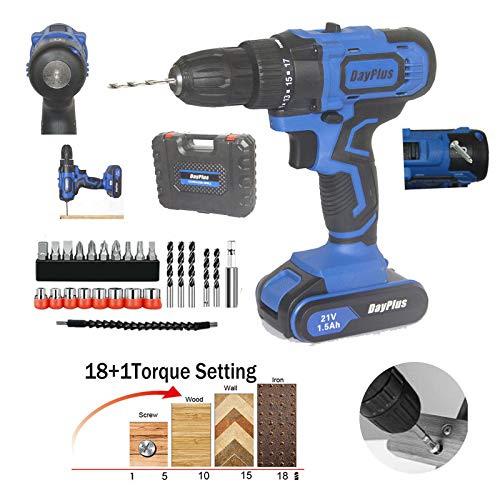 Akkuschrauber Bohrschrauber Max 45Nm mit LED Licht 18+1 Drehmomentstufen Akku-Bohrschrauber 2 Gänge 1.5Ah Akku 29pcs Zubehör mit Koffer (1 Akku) 1 Akkuschrauber Bohrschrauber Max 45Nm mit LED Licht 18+1 Drehmomentstufen Akku-Bohrschrauber 2 Gänge 1.5Ah Akku 29pcs Zubehör mit Koffer (1 Akku)