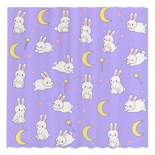 Funnytree Cute Anime Moon and Bunny Shower Curtain 72x72 - Waterproof Fabric Bathroom Decor for Girls Teens Women Fans Daughter Easy Care Washable (Hooks Not Included)