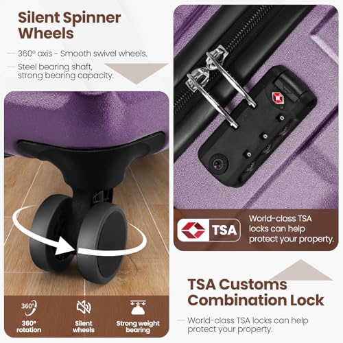 Image of Hoteel Luggage Sets 3 Piece, 4-Year Warranty, Carry-On Luggage with Dual-Spinner Wheels, ABS Hard Shell Suitcase with TSA Locks, 20 Inch Lightweight Luggages for Travel, Purple(20IN /DB /TB)