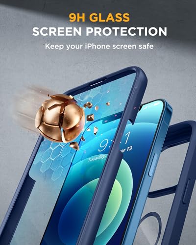 Image of Miracase Glass Series Designed for iPhone 12 /12 Pro 6.1 Inch, Upgrade Full-Body Magnetic Case with Built-in 9H Tempered Glass Screen Protector, with Camera Lens Protector, Magnetic Blue
