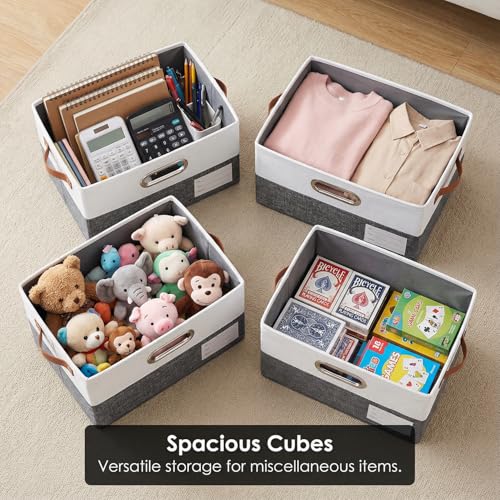 Image of PRANDOM Storage Bins with Lids [3-Pack] Linen Fabric Foldable Storage Boxes Organizer Containers Baskets Cube with Cover for Bedroom Closet Office Grey&White（11.4X8.6X6.7